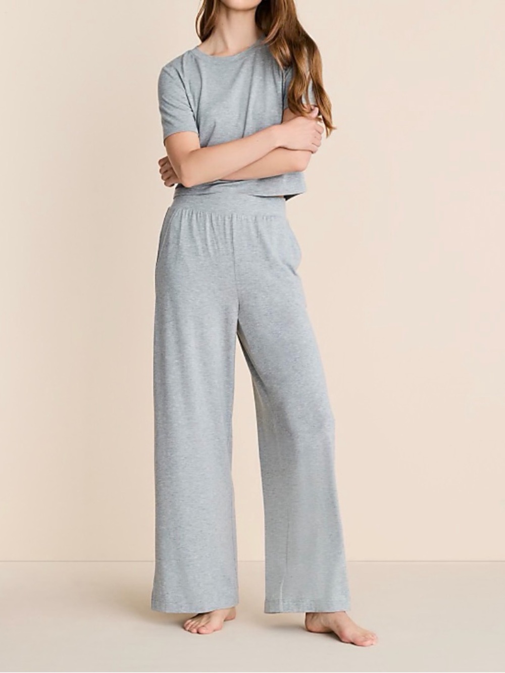 Lou & Grey Two Piece Sleepwear Set Cropped Top Lounge Pants Grey L